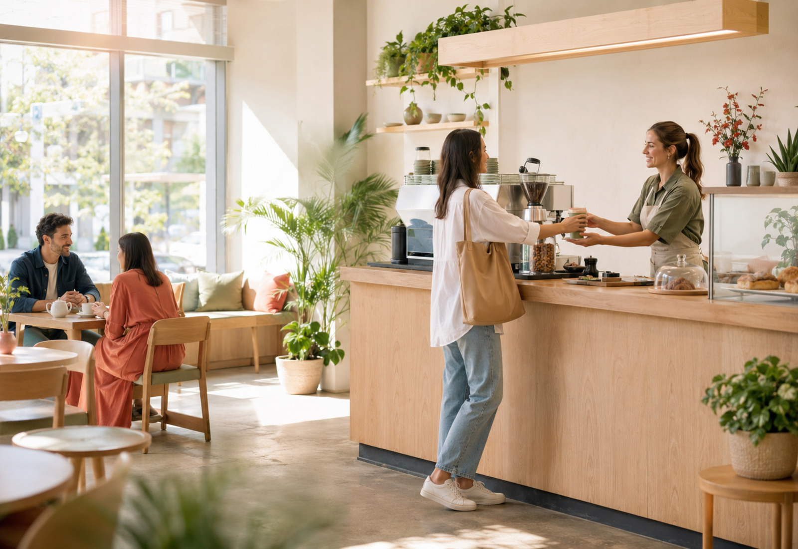 Customers and a café owner in a neighbourhood coffee shop